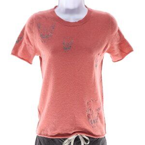 Skull Cashmere Women's Sweater Shirt Short Sleeve Size Small Peach Pink/Silver